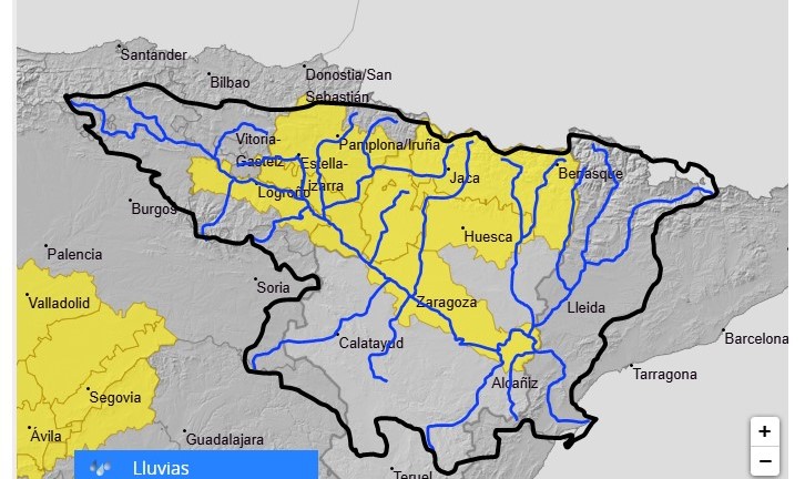 Como consecuencia de los avisos de la AEMET de lluvias intensas de al menos 15 l/m2 en 1 hora en La Rioja, Navarra y norte de Aragón, se recuerda la posibilidad de crecidas súbitas importantes en cauces menores y barrancos esta tarde