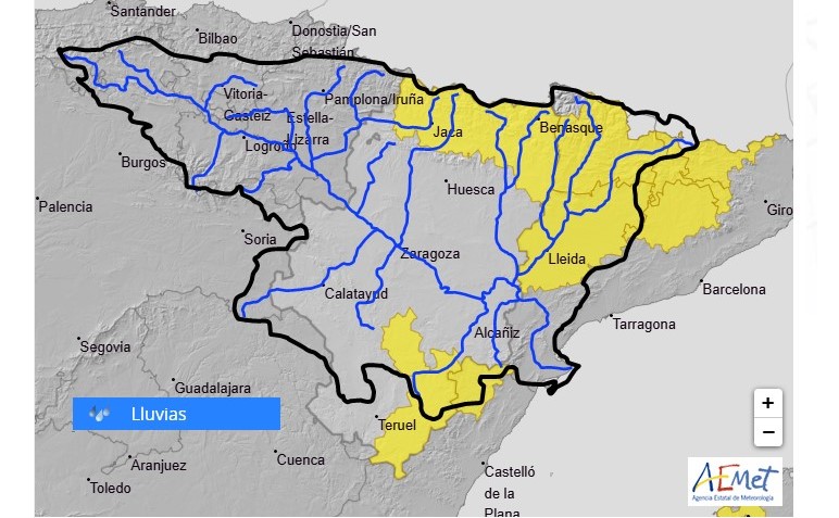 Como consecuencia de los avisos de la AEMET de lluvias intensas de al menos 15-20 l/m2 en 1 hora se recuerda la posibilidad de crecidas súbitas importantes en cauces menores y barrancos en el Pirineo aragonés y catalán, la provincia de Lleida, Castellón y la zona oriental de Teruel, en la tarde de hoy domingo